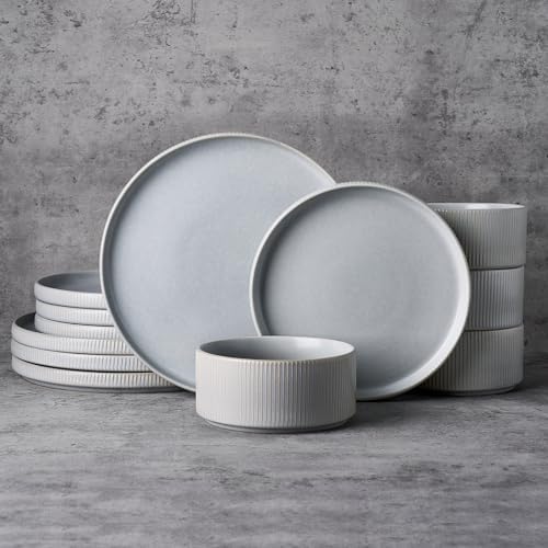Famiware Star Stoneware Dinnerware Set, Reactive Glaze Plates & Bowls for 4