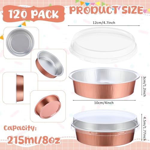Yinder 8 oz Disposable Creme Brulee Ramekins with Lids, 4 Inch Mini Pie Tins Aluminum Foil Pie Tart Cake Baking Pans Individual Round Containers Oven Safe(Champagne Color,120 Pcs)