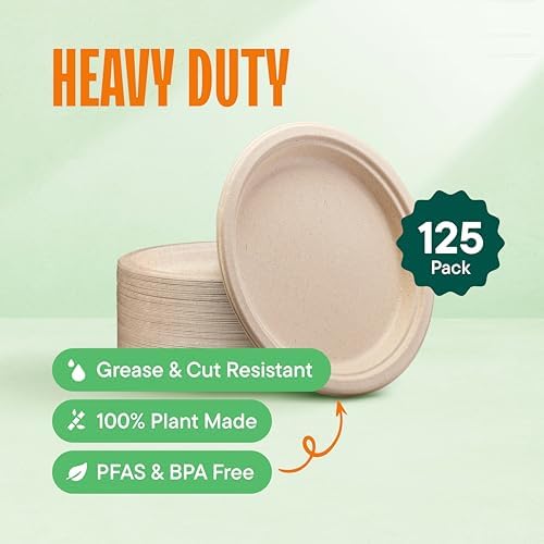 Paper Plates, 100% Compostable Heavy Duty, Disposable 7 Inch, Small Dessert Plate - [125-Pack] Eco-Friendly, Biodegradable Bagasse Natural Brown 7" Small Plates - (PFAS-Free) - (BPI Certified)