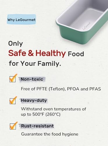 LeGourmet Nonstick Bread Loaf Pan 9 X 5 Inch, Ceramic Coating, Non-Toxic, Rust Resistant Aluminized Steel, Perfect 1 lb Baking Dish for Meatloaf, Pound Cake & Brownie (Rosemary)