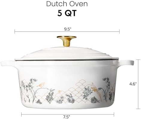 CAROTE Cast Iron Dutch Oven Pot with Lid, 5QT Enameled Floral Dutch Ovens with Gift Box, Cast Iron Pot for Sourdough Bread Baking, Braising, Stews, Roasting, All Stovetop Compatible, Oven Safe, White