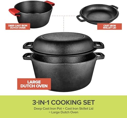 Modern Innovations 3-in-1 Dutch Oven & Skillet Combo, Preseasoned Cast Iron Cookware Set, 5QT Dutch Oven, 1.6QT Skillet with Lid, Versatile Pots and Pans for Camping & Home Cooking