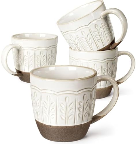 Artena Ceramic Coffee Mugs Set of 4, 16oz Embossed Large Latte Mugs Coffee Cups with Handle for Tea, Latte, Cappuccino & Cocoa, Milk Dishwasher & Microwave Safe, White (Wheat Leaf)