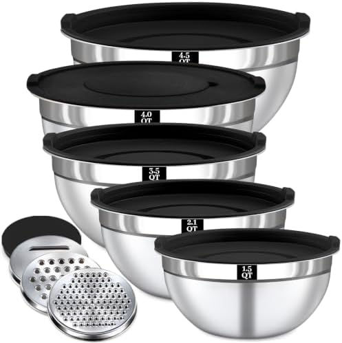 8PCS Mixing Bowls with Lids Set - 5 Nesting Mixing Bowls, 3 Grater Attachments, Lids, Stainless Steel Mixing Bowls for Mixing & Serving, Size 1.5/2.1/3.5/4/4.5 QT, Black