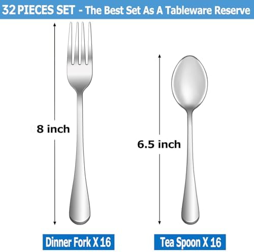 32 Pcs Forks and Spoons Silverware Set,Food Grade Stainless Steel Flatware Cutlery Set for Home,Kitchen and Restaurant,Mirror Polished,Dishwasher Safe-16 Dinner Fork(8 inch) and 16 Teaspoon(6.5 inch)