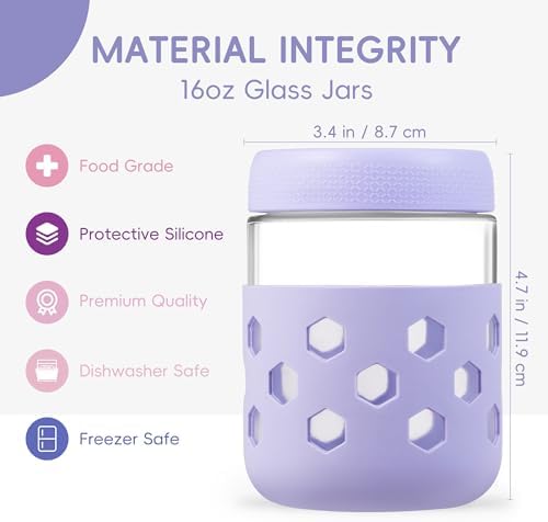 Gemice 6-Pack 16 oz Overnight Oats Containers with Lids and Silicone Sleeves, Glass Mason Jars with Airtight Lid, Dishwasher Safe, Wide Mouth Chia Seed Pudding Meal Prep Jar for Yogurt Berries Snack