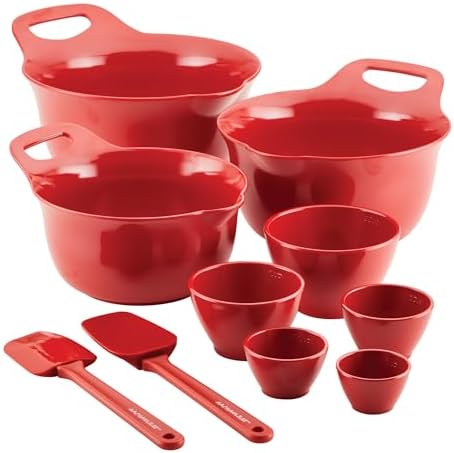 Rachael Ray Pantryware Nesting Mixing Bowls with Built-in spouts and Handles and Measuring Cups For Space-saving storage, Utensil Set, Dishwasher Safe, 10 Piece, Red