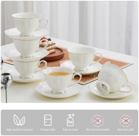 6oz Porcelain Tea Cup & Saucer Set of 6, White with Gold, Party