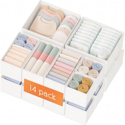 Criusia Drawer Organizer Clothes, 14 Pack Dresser Organizer for Baby Clothes, Underwear, Sock- Foldable Closet Organization and Storage Dividers Bins for Nursery, Bedroom and Dorm (White)