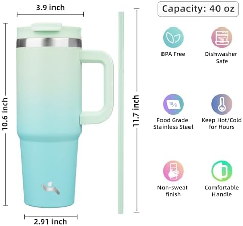 Konokyo 40 oz Insulated Tumbler Water Bottle with Handle, Straw Lid