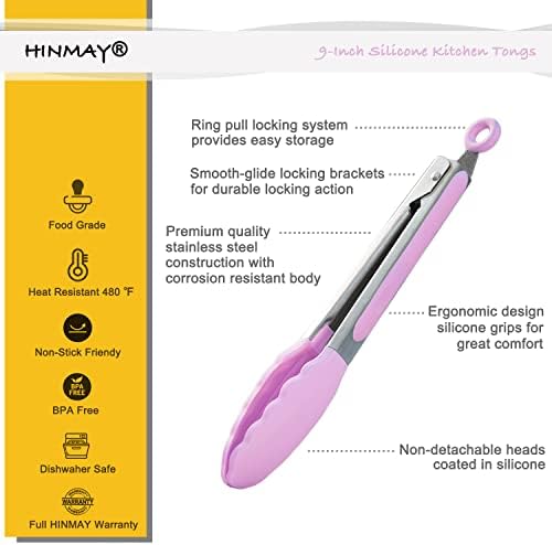 HINMAY Serving Tongs with Silicone Tips 9-Inch Food Tongs, Set of 3 (Pink)