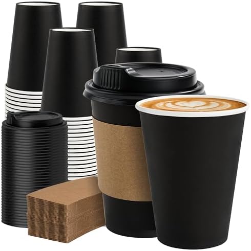 METAPRINT 100 Pack 12 oz Disposable Coffee Cups with Lids and Sleeves,Black
