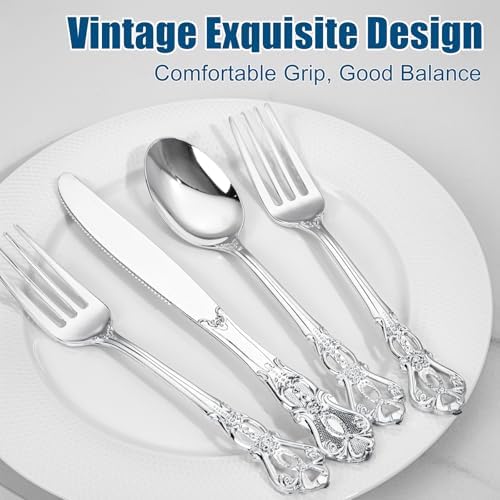 300PCS Silver Plastic Silverware Bulk for Parties & Weddings