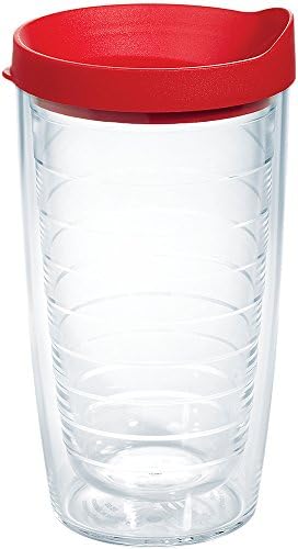 Tervis Clear & Colorful Lidded Made in USA Double Walled Insulated Tumbler Travel Cup Keeps Drinks Cold & Hot, 16oz, Red Lid
