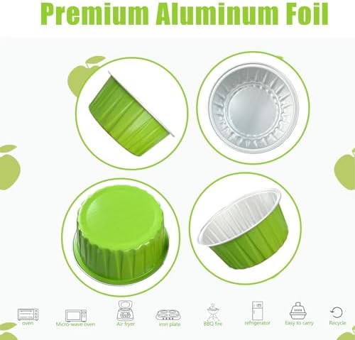 100Pcs Aluminum Cups with Lids,5oz Disposable Ramekin Baking Cups Muffin Liners Mini Pie Pans Foil Cupcake Containers for Christmas Party Wedding Party,Grass Green