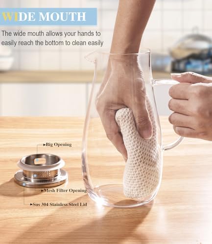 Borosilicate Glass Pitcher with Lid and Handle, 64oz for Hot Cold Beverages