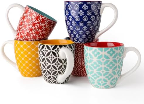 DOWAN 16 OZ Boho-Mosaic Coffee Mugs Set of 6, Large Ceramic Coffee Mugs with Handle, Bohemian Home Decor Gift Set for Housewarming, Wedding & Birthday