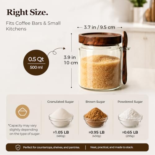 ComSaf Sugar Jars with Acacia wood Lids and Spoons 0.5Qt 2Pack, Decorative