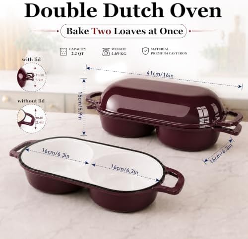 Double Dutch Oven for Sourdough Bread Baking,2.2QT Enameled Cast Iron Dutch Oven Pot with Lid,500°F Oven Safe Non Stick Bread Loaf Pan,Sourdough Baking Pan for Homemade Baking（Burgundy）