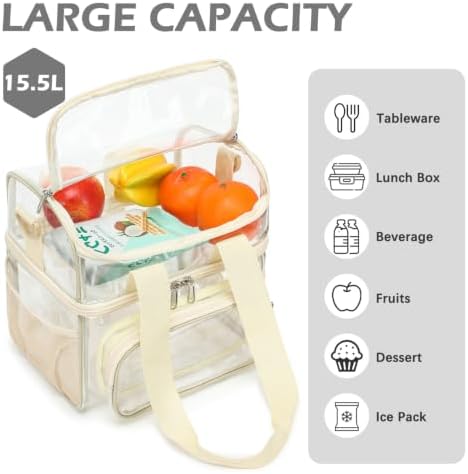 FlowFly Double Layer Cooler Insulated Lunch Bag Adult Lunch Box Large Tote Bag for Men, Women, With Adjustable Strap,Front Pocket and Dual Large Mesh Side Pockets