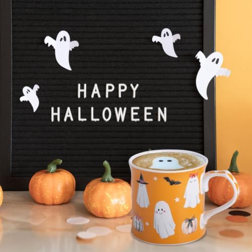 Cute Ghost Halloween Coffee Mug, 12oz Orange Ceramic Coffee Cup with Bow Pumpkins, Bats & Witch Hat Design, Spooky-Cute Holiday Gift for Halloween, Designed in England by Harvest Green Studio