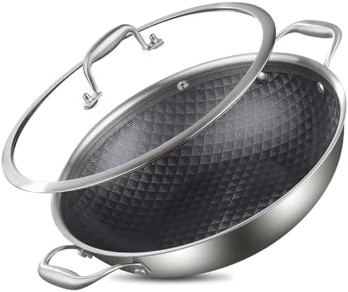 DELARLO 13 Inch Stainless Steel Nonstick Wok Pan with Lid 5.5Qt Pot