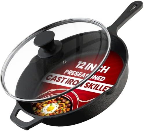 Utopia Kitchen Cast Iron Skillet 12 Inch with Lid Chefs Frying Pan Black