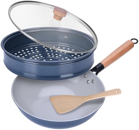 Non-Stick Wok with Steamer Basket,12 Inches Stir Fry Pans with Lid, Flat Bottom Pan Multifunctional Cookware Chinese Woks for Induction, Gas, Halogen(Blue)