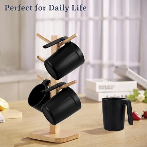 Wrova 16oz Wheat Straw Cups with handles set of 6-Plastic Cups Reusable-Unbreakable Kids Mugs-Dishwasher Safe & Microwave Safe-Ideal Plastic Mugs for Tea,Coffee,Camping,RV-Black