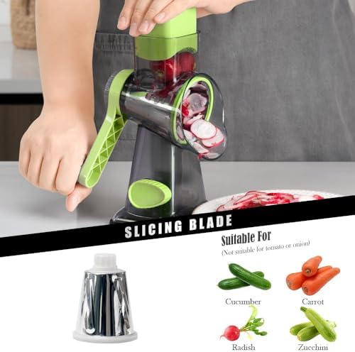 Badelite Cheese Grater Hand Crank Rotating Cheese Shredder Stainless Steel Vegetable Slicer Grater for Kitchen 3 Blades for Cheese, Carrot, Cucumber, Nuts, Chocolate, Green