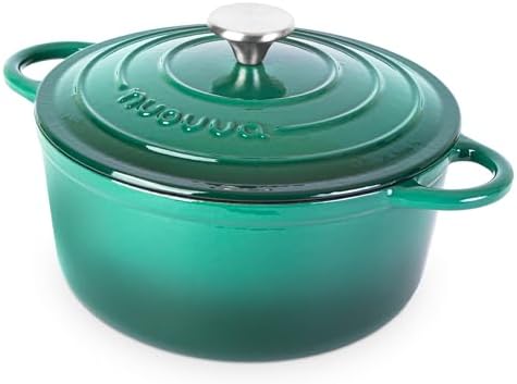Cast Iron Dutch Oven with Lid - Non-Stick Ovenproof Enamelled Casserole Pot - Sturdy Dutch Oven Cookware - Dark Green, 5-Quart, 24cm - by Nuovva