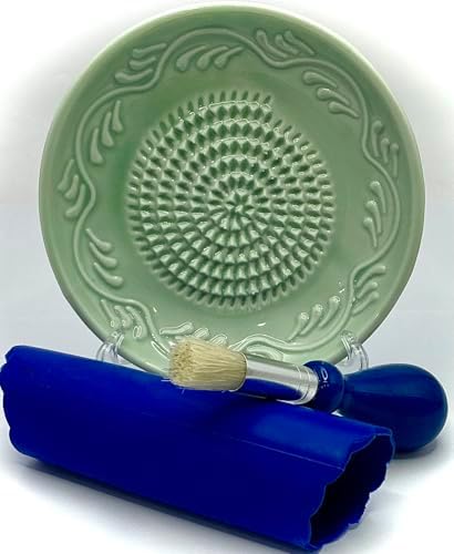 BonCera, Premium Ceramic Garlic Grater Plate Set - Turquoise Floral Edge