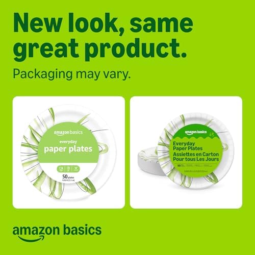 Amazon Basics Everyday Paper Plates, 10 Inch, Disposable, 50 Count, Packaging May Vary