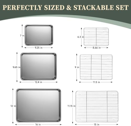 Baking Sheet with Rack Set (3 Pans + 3 Racks), 9/12/16 Inch Stainless Steel Cookie Sheet Baking Pan Tray with Cooling Rack, Jelly Roll Pan with Wire Rack, Warp Resistant & Heavy Duty & Rust Proof