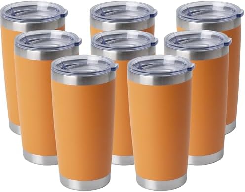 HASLE OUTFITTERS 20oz Stainless Steel Tumblers Bulk, Insulated Travel Cup with Lid, Double Wall Vacuum Coffee Mug for Cold & Hot Drinks 8 Pack, Orange