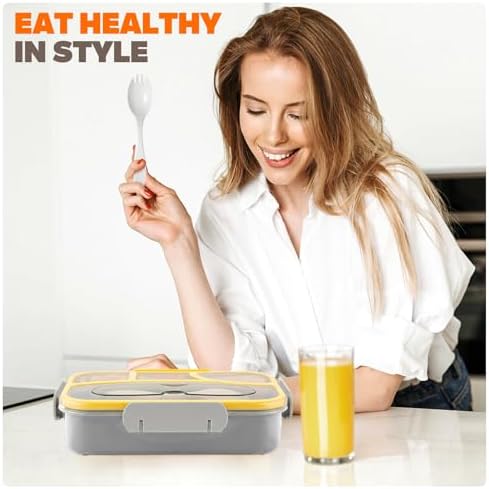 EASYFUN Bento Box Adult, Lunch Box, 4-Compartment Lunch Containers, Drop-Proof, Dishwasher Safe & Made with BPA-Free Materials (Grey)