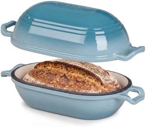 Enameled Cast Iron Dutch Oven for Sourdough Bread Baking,11 x 7 Inch Oval Cast Iron Bread Pan with Lid,Dutch Oven for Homemade Sourdough Baking,5 QT Meatloaf Pan,Oven Safe(Ocean Blue)
