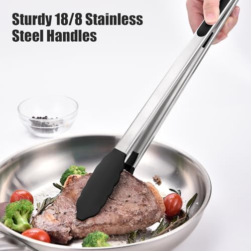 Doosu Kitchen Tongs with Silicone Tips for Cooking Serving (16in, Black)