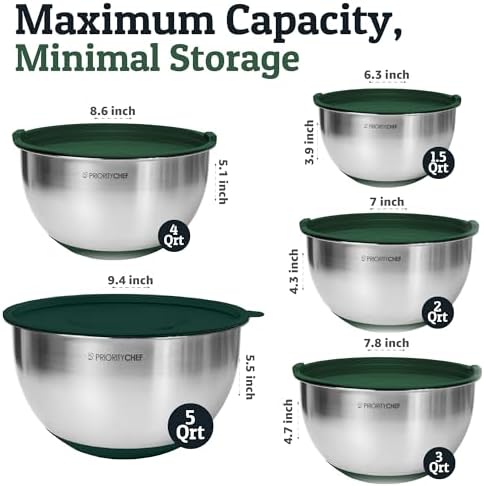Priority Chef Stainless Steel Mixing Bowls with Lids Set, 3 Grater Attachments, Airtight Lids, Non-Slip Silicone Base Mixing Bowl Set, Large Prep Metal Mixing Bowls for Kitchen, Green