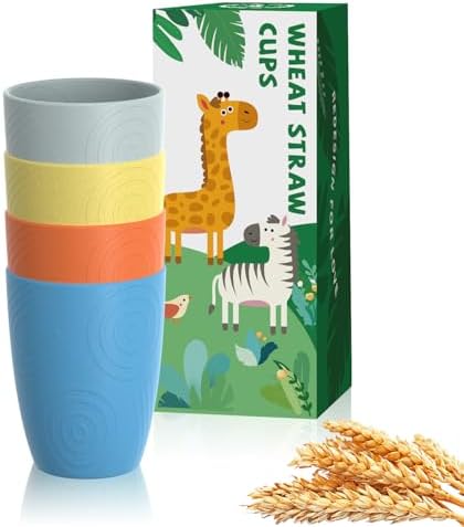 Homienly Drinking Glasses & Shatterproof Cups Set of 4 | Premium Wheat Straw, Non-Toxic Reusable Plastic Cups | Dishwasher & Microwave Safe for Beach, Camping... (12 oz, Beach Color)