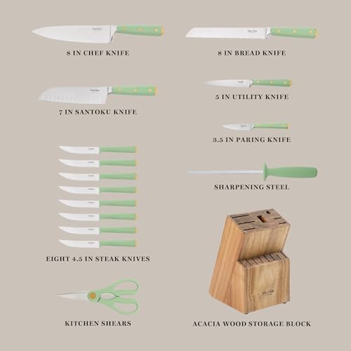 Martha Stewart 16-Piece Lockton High Carbon Stainless Steel Knife Block Set - Forged Full Tang Chef Knives, Acacia Wood Block, Triple Riveted Handles, Sage Green & Gold
