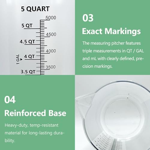 1 Gallon / 5 Quart / 5000 ml Large Plastic Measuring Pitcher with Handle, Clear Heavy Duty Mixing Pitcher with mL/QT/GAL Markings for Garden, Pool Chemicals, Motor Oil & Kitchen