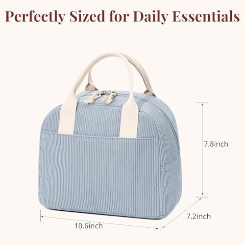 LOVELYWIND Insulated Lunch Bag for Women, Blue Corduroy Lunch Tote