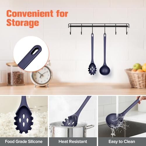 Silicone Spaghetti Spoon & Soup Ladle Cooking Utensils Set of 2 (BLUE)