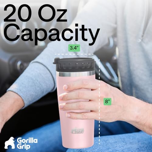 GORILLA GRIP 304 Stainless Steel Travel Coffee Mug, 20oz Tumbler, Pink