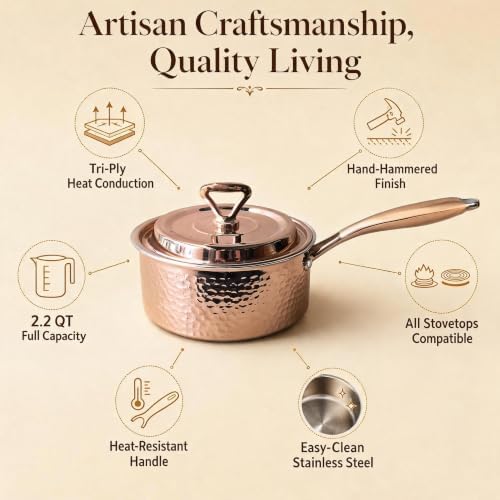 YJX Hammered Saucepan with Lid, Sauce Pan with Handle for Soup or Milk