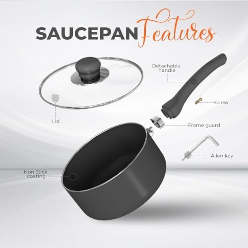 Utopia Kitchen Saucepan 2 QT Detachable Handle with Lid Grey Black