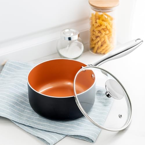 MICHELANGELO 1 Quart Saucepan with Lid, Ultra Nonstick Ceramic Sauce Pan with Lid, Small Pot with Lid, 1 Quart Saucepan Nonstick, Small Sauce Pot, Copper