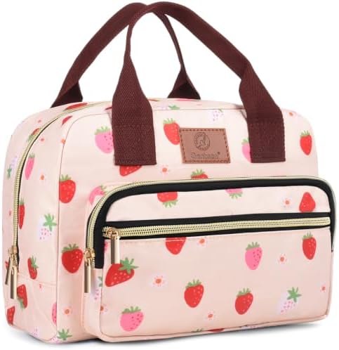 Insulated Lunch box for Women,Leakproof Quilted Thermal Lunch Bag, 14L Large Capacity Lunch Tote Bag Lightweight LunchBox Cooler for Work, School, Picnic or Travel with 2 Front Pocket-Strawberry