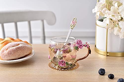 SUQ I OME Enamel Rose and Butterfly Flower Glass Tea Cup, Pink Rose